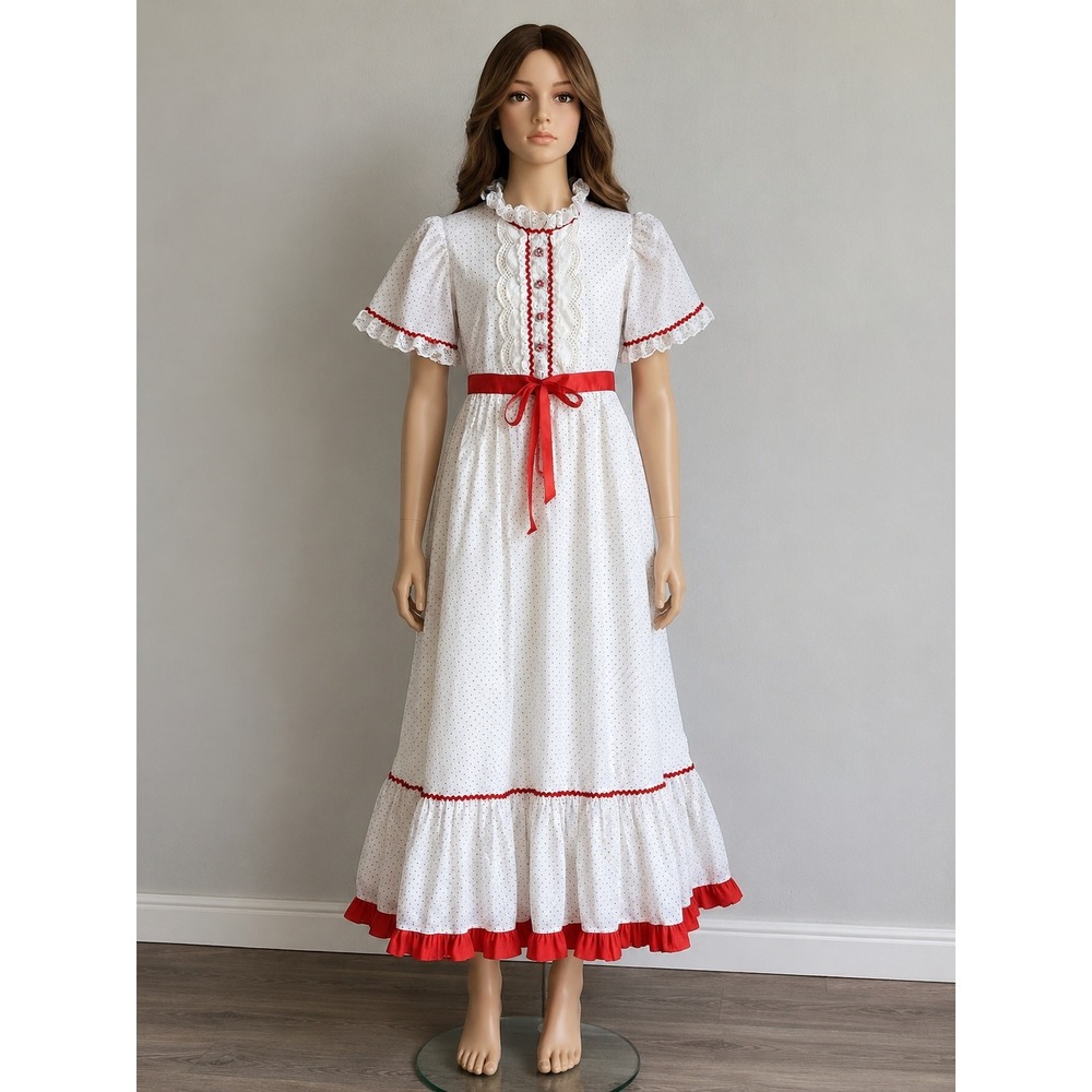 Vintage Genway California White Red Polka Dot Prairie Maxi Dress Anabelle 70s